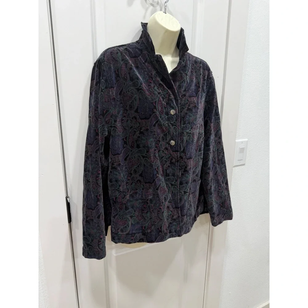 Vintage Paisley Velvet Jacket Women's Button Up Collar Blue Purple‎ Green M